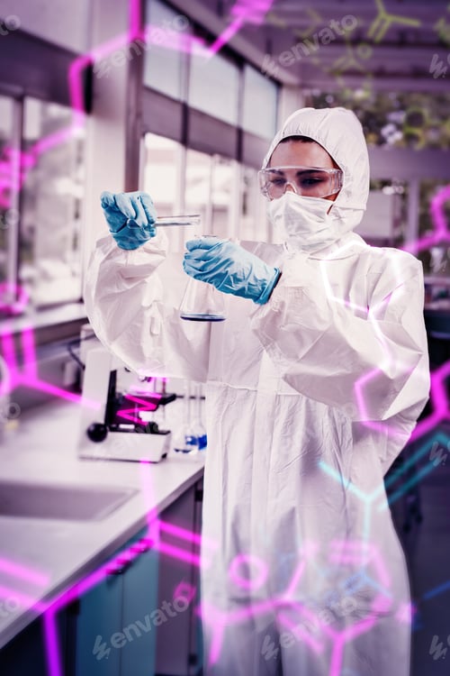 Preview: Science And Medical Graphic Against Portrait Of A Protected Female Scientist Pouring Liquid In A