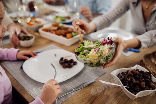 Preview: Close-up of mother pouring salad in daughter's late during a lunch.