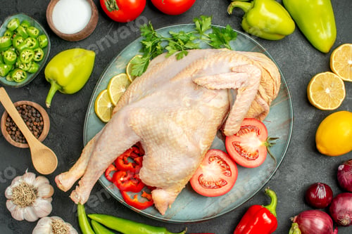 Preview: top view fresh raw chicken with different vegetables on dark desk meal ripe salad food health diet