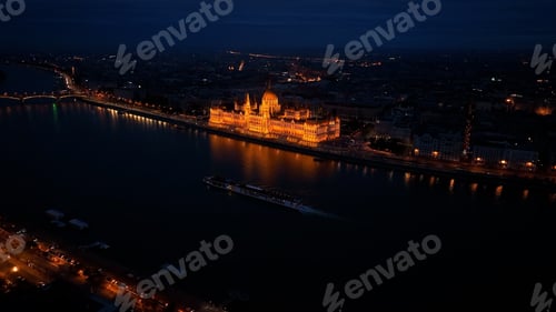 Preview: Aerial view of Budapest Hungarian Parliament Building at night, Hungary