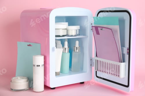 Preview: Open cosmetic refrigerator and skin care products on pink background