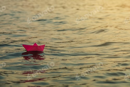 Preview: Paper boat floating on water outdoors. Space for text