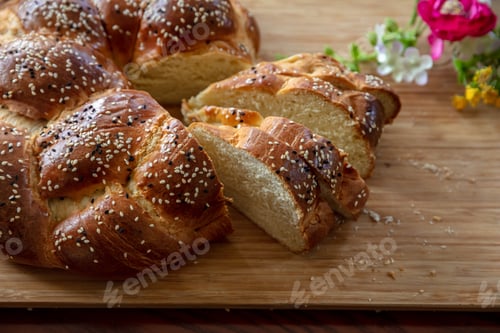Preview: Easter sweet bread, greek tsoureki, brioche braid slice on table, close up view