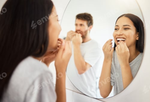 Preview: Mirror, dental floss and teeth healthcare couple cleaning mouth for healthy gums, smile and fresh b