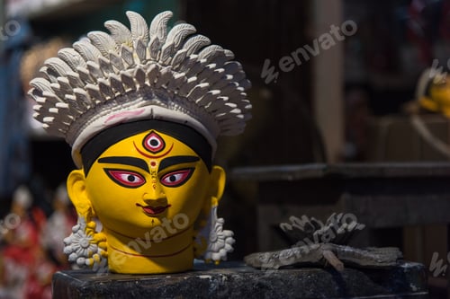 Preview: Close up of colorful face of Goddess Durga
