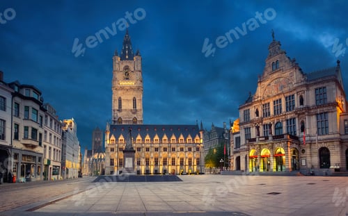 Preview: Ghent, Belgium. View of historic Town Hall and Belfry at dusk