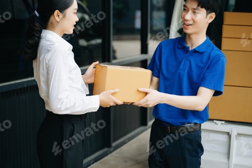 Preview: Express Delivery Service. Asian Courier Delivering Package to man Delivery service