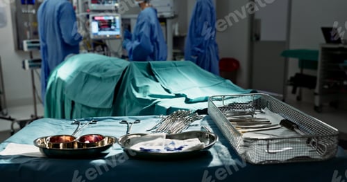 Preview: Surgery, healthcare and tools in operation theatre, help in medicine with treatment and closeup of