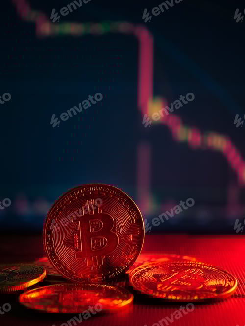 Preview: Coins with bitcoin symbol on red light and crypto stocks chart background.