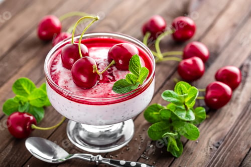 Preview: Fresh yogurt with cherry and chia seeds, delicious dessert for healthy breakfast