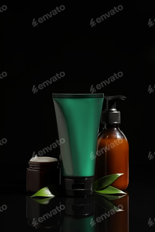 Preview: Facial cream and other men's cosmetic products on black background