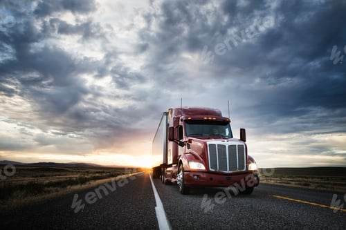 Preview: 3/4 front view of a commercial truck on the road at sunset in eastern Washington, USA