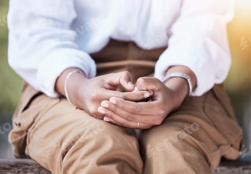 Preview: Hands closeup, sitting and a person in nature on a bench to relax in summer for a vacation or break