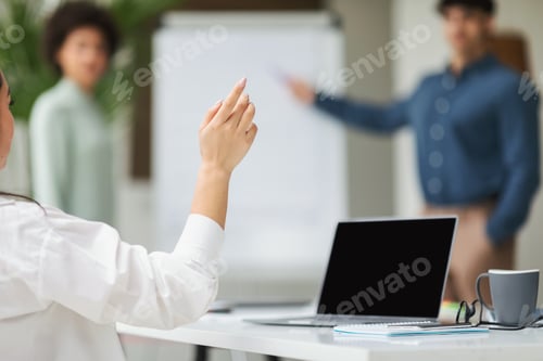 Preview: Businesswoman Near Laptop Having Idea During Meeting In Office, Mockup