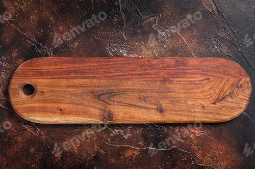 Preview: Background with old empty wooden cutting board. Dark background. Top view. Copy space
