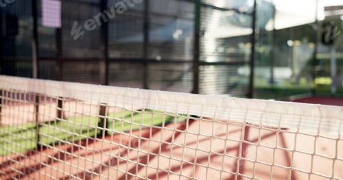 Preview: Tennis, sport and closeup of net on court for opponent barrier, fair play or competition match outd