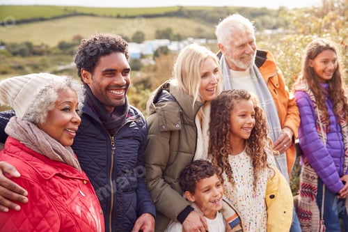 Preview: Portrait Of Active Multi-Generation Family On Winter Beach Vacation Resting By Gate