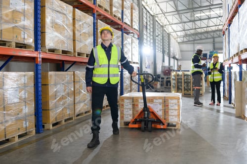 Preview: Worker in auto parts warehouse use a handcart to work to bring the box of auto parts