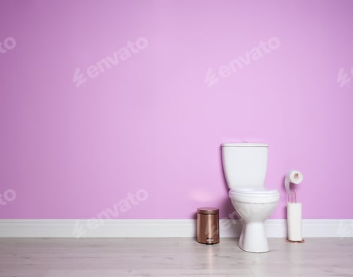Preview: New ceramic toilet bowl in modern bathroom with space for text