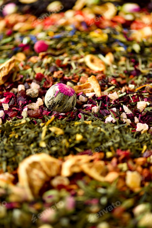 Preview: Tea background: green, black, floral, herbal, mint, melissa, ginger, apple, rose, lime tree, fruits