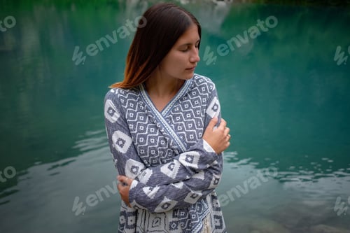 Preview: Adventure woman feeling freezing among mountains, enjoy the nature view.