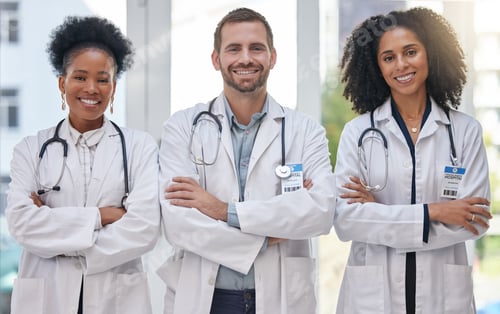 Preview: Portrait, smile and doctors at hospital proud, empowered and excited about medical collaboration. F