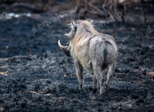 Preview: Warthog standing in a burnt ground, Savanna Fire Management in Kruger National Park, South Africa.