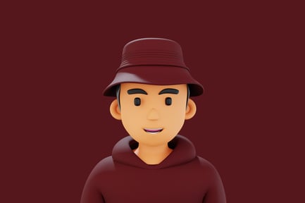 Preview: Cartoon character in a maroon hoodie and bucket hat