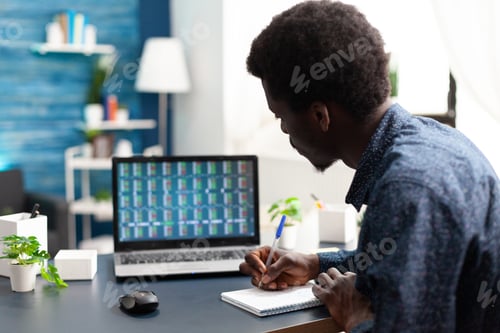 Preview: African american man checking crypto currency stock markets