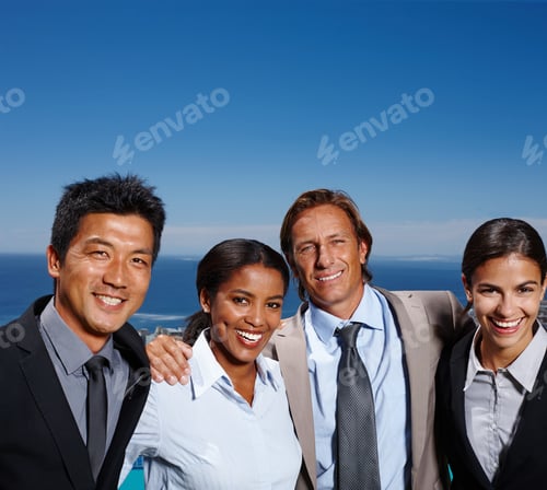 Preview: Shot of four business people smiling in the sun with the ocean behind them