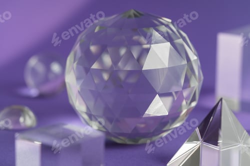 Preview: Crystal prism refracting light, magic crystals and pyramid, sphere and cube on purple background