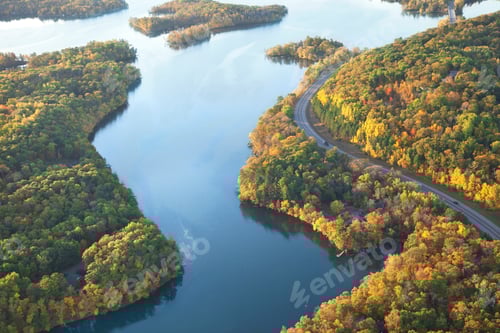 Preview: Aerial View of Curving Road and Mississippi River with Trees in Fall Colors