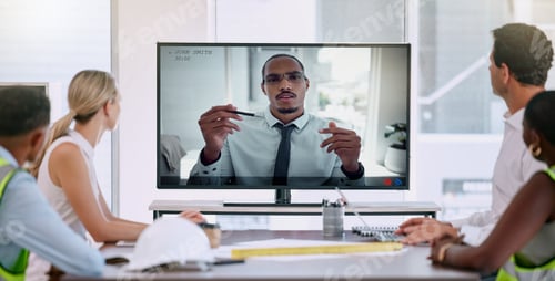 Preview: Video call, business meeting and industry workers planning a project with an industrial manager. Te