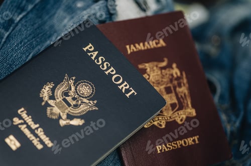 Preview: Close up of Jamaican passport and a United States passport