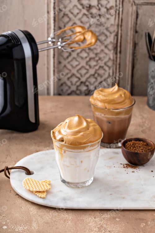 Preview: Dalgona coffee with regular and chocolate milk in a glass