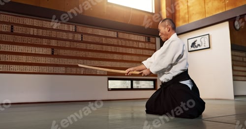 Preview: Fitness, stick or sensei martial arts in dojo for practice routine, aikido movement or self defense