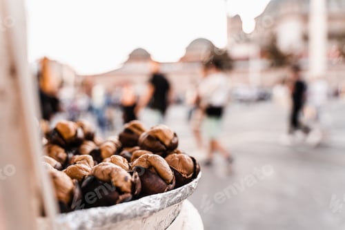 Preview: Roasted chestnuts on pan, traditional street snack