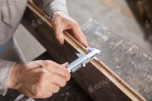 Preview: Carpenter measuring wood plank with vernier caliper in factory, Jiangsu, China
