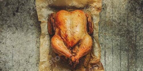 Preview: Baked Bird - A Festive Dish (Laying On A Wooden Table). Food Background