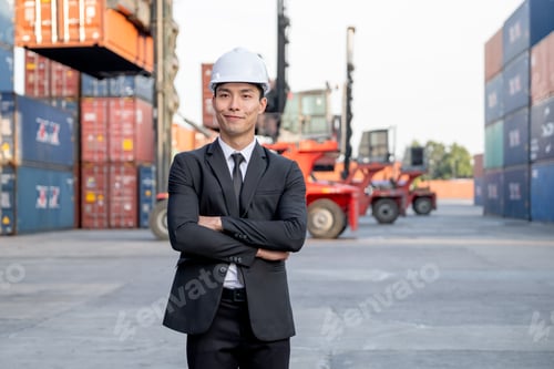 Preview: Portrait of engineer worker of factory technician with Chinese style man stand in cargo workplace