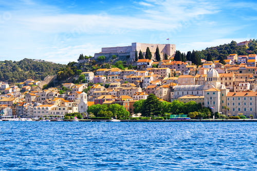 Preview: Sibenik, Croatia. Unesco city of Sibenik on coastline, Dalmatia, Croatia. Colorful historic town