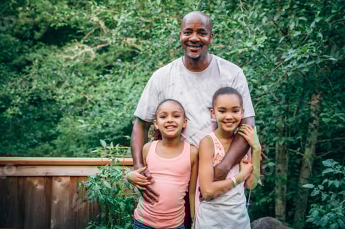 Preview: Portrait of happy dad hugging daughters in front of house