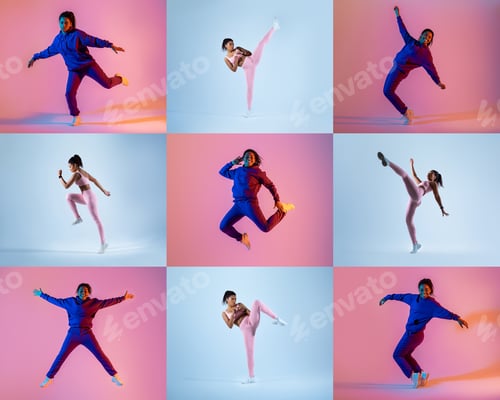 Preview: A young dancer performs dynamic movements against colorful backdrop at dusk