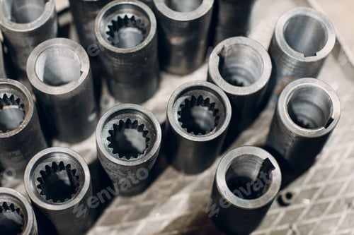 Preview: New steel threaded bolts pipes on table at factory