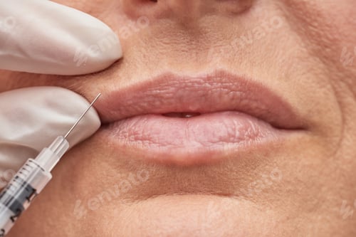 Preview: Beuty concept. Close up shot of a woman making lip augmentation procedure by cosmetologist