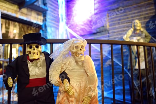 Preview: Wedding pair of scary skeletons in Chelsea Market at Halloween