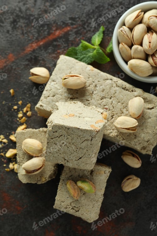Preview: Concept of tasty food with halva on dark textured background