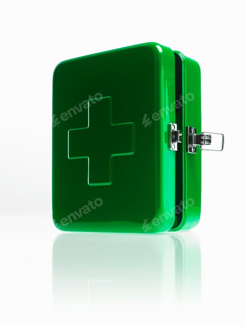 Preview: Green metal first aid box with fastener and large cross on the top.
