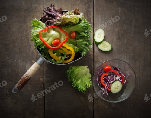 Preview: Top view of Salad veggie is breakfast for healthy,tomatoes,bell peppers, cucumber,