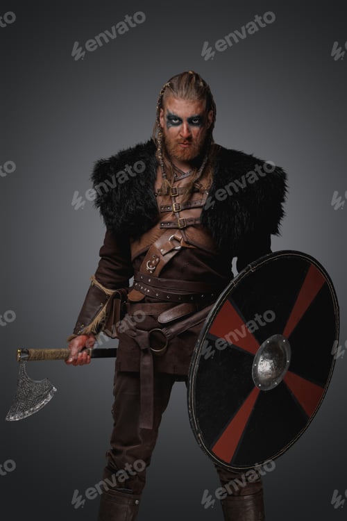 Preview: Bearded scandinavian barbarian with shield and axe from past